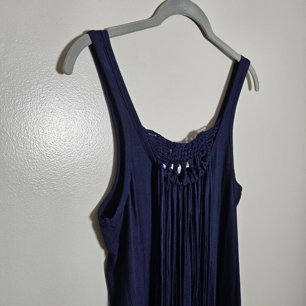 Trina Turk Althea Fringe Navy Blue Tank Style Dress Sz Small Petite - Picture 3 of 13